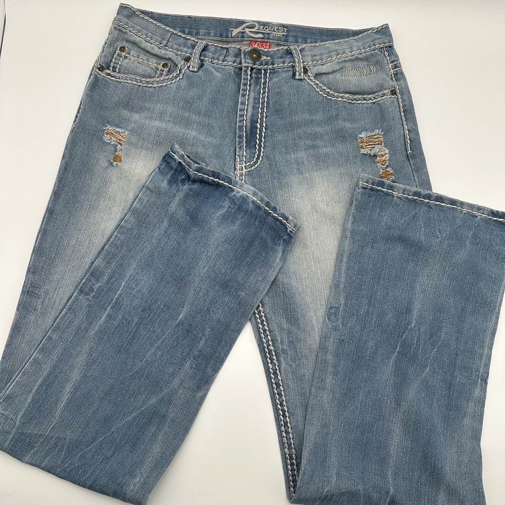 Request Jeans Mens 34x34 Bootcut Big Stitch Light Wash Y2K Distressed Heavy